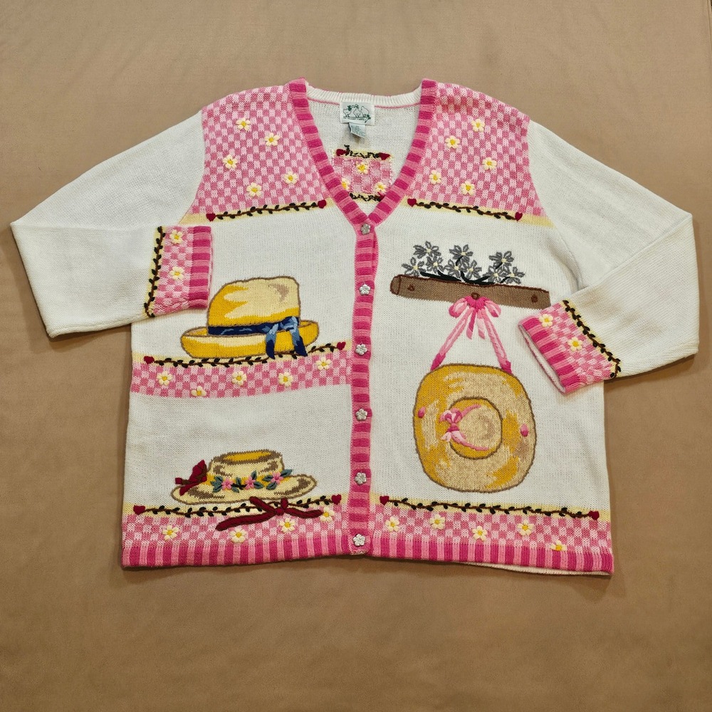 Quacker Factory Womens 2X Garden Cottage Gingham Cardigan Sweater Pink White